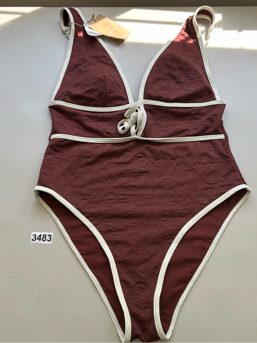 Berlook Large Dark Coffee V Neck Tie One Piece Textured Swimsuit New